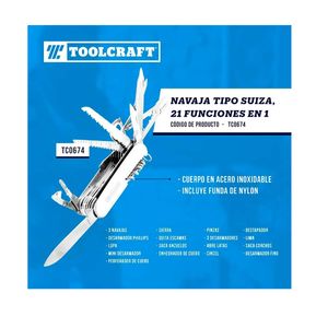 Navaja tipo suiza 21 en 1 acero inoxidable TC0674 Toolcraft