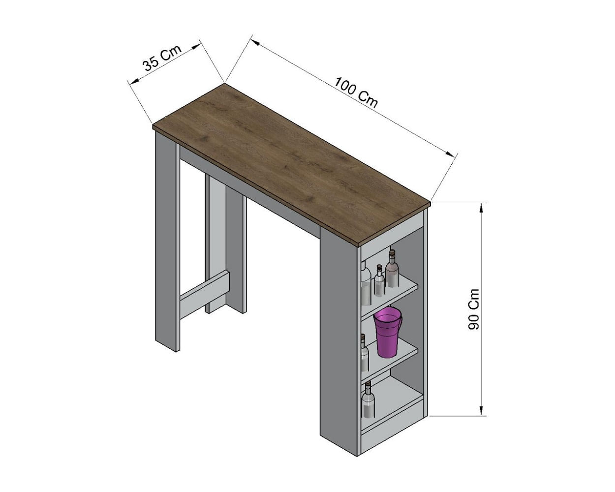 Dmora Mesa península de cocina con 4 baldas, mueble bar, mesa auxiliar  auxiliar, 112x49,50xh106 cm