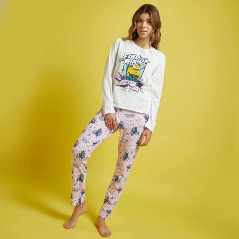 Pijama Mujer Minions Minion Ml + Pantalón Algodón Ecru Talla S | 896510