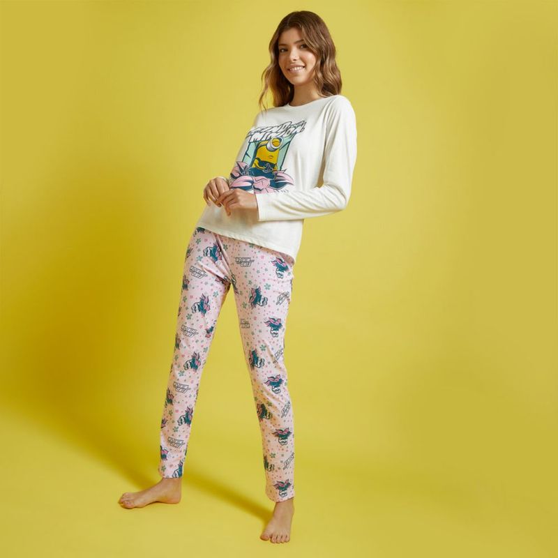 Pijama Mujer Minions Minion Ml + Pantalón Algodón Ecru Talla S | 896510