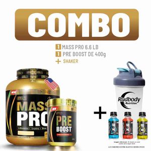 Combo Level Pro - Mass Pro 6.6 Libras Vainilla Cremé + Pre Boost 400gr Blueberry + Shaker