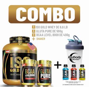 Combo Level Pro-Iso Gold Whey 6.6 Libras Vainilla+Bcaa Level 400g Fruit Punch+Gluta Pure 500g+Shaker