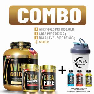 Combo Level Pro- Whey Gold Pro 6.6 Libras Chocolate+Bcaa Level 400g Blueberry+Crea Pure 500gr+Shaker