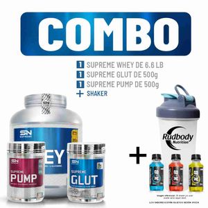Combo Supreme - Supreme Whey 6.6 Libras Vainilla + Glut 500gr + Supreme Pump 500gr Blueberry +Shaker