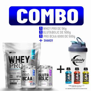 Combo UN - Whey Pro 5000gr Vainilla + Glutabolic 500gr + Pro Bcaa 6000 500gr Naranja + Shaker