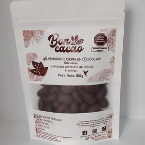 Almendras Cubiertas en Chocolate Sin Azúcar 70% Cacao Endulzado con Frutos del Monje