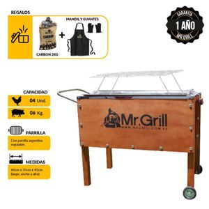 Caja China Mediana Mr. Grill Jr Acero Inox + Parrilla + Mandil + Guantes + Carbon