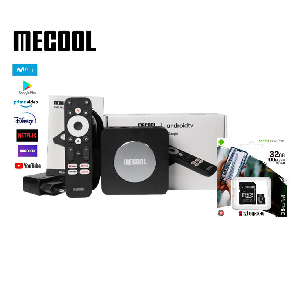 Mecool KM2 Plus + Funda azul protectora para mando y Memoria 32GB Kingston