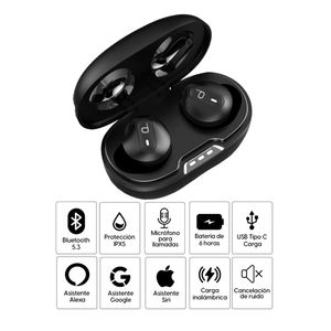 Audífonos bluetooth True Wireless Decibel resistente al agua IPX5, duración máx. 6 horas, controles táctil, negro