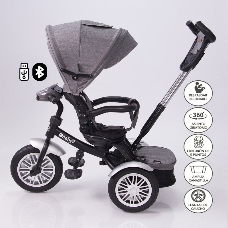 Triciclo Guiador Ebaby ZOE USB 360 Gris Real Plaza