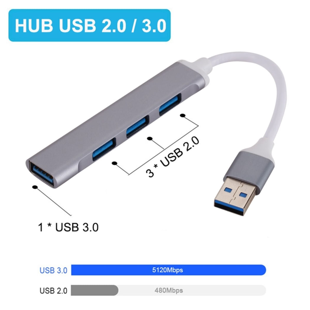 HUB USB 4 Puertos USB 3.0 de ALUMINIO para PC, Laptop y Android OEM