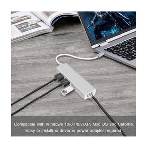 Adaptador de Red Tipo C a Rj45 LAN con 3 puertos USB 2.0 Windows Mac - ALUMINIO