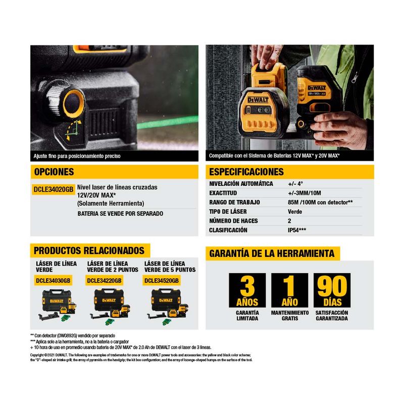 NIVEL LASER DEWALT LINEA CRUZADA VERDE + KIT DCLE34020GB-A