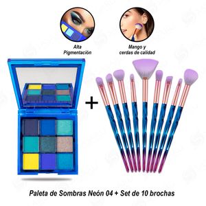 Set de 10 brochas + Paleta de Sombras Neón 04