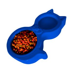 Plato Doble para Agua y Croquetas en Forma de Gato -  Azul