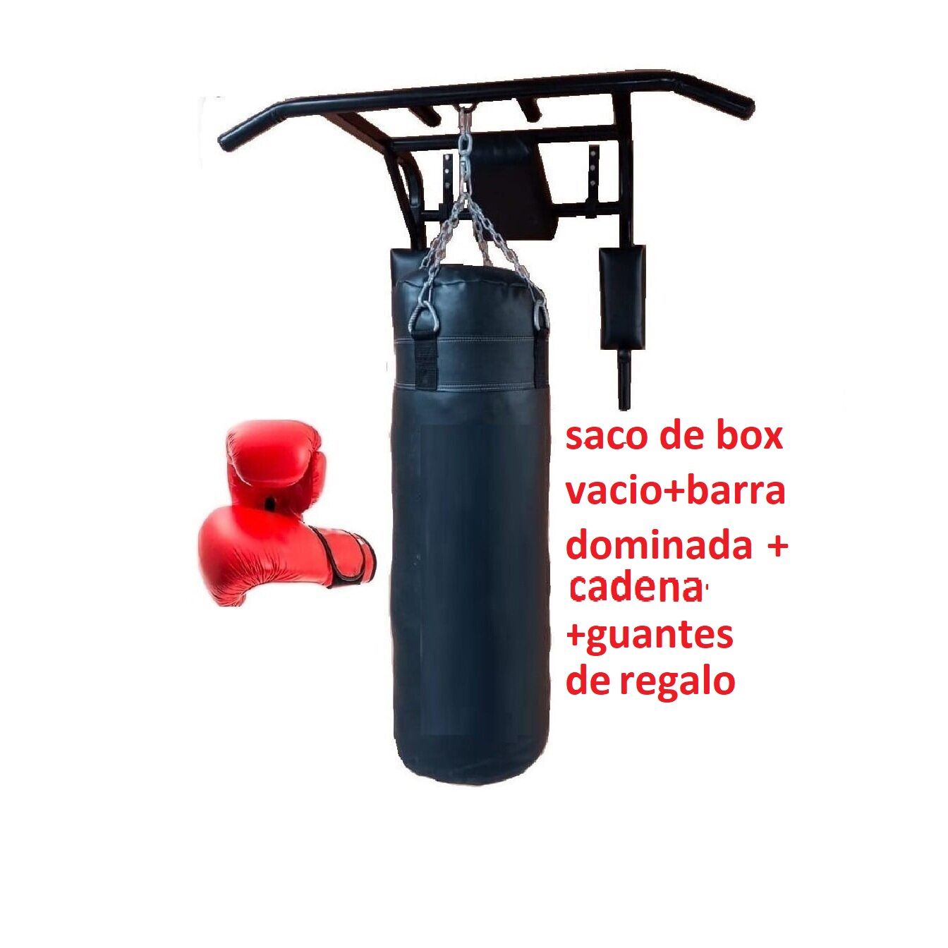 Barra Dominada con Saco de Boxeo Vacio de 100 CM. con Guantes y