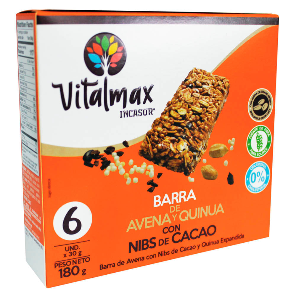 Barra De Avena, Quinua Y Nibs VITALMAX Paquete 180g - Real Plaza