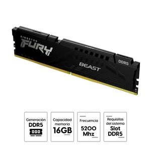 Memoria ram Kingston Fury Beast 16GB (1x16GB) DDR5, 5200 Mhz, CL40