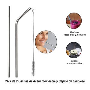 Pack de 2 Cañitas y Cepillo de limpieza tipo Acero Inoxidable