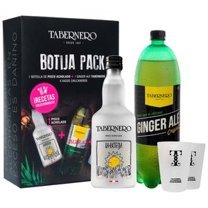 Pack Botija Pisco Acholado TABERNERO Botella 700ml + Ginger Ale TABERNERO Botella 1.5L + 2 Vasos Chilcaneros