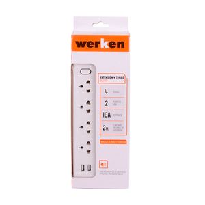 Extensión 4 tomas 2 puertos USB 2 metros