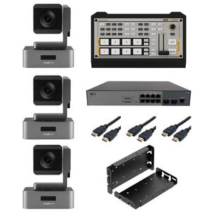 Kit de podcast BZBGear con 3 x 20x cámaras PTZ/mezclador/interruptor Poe/soporte/cable de techo