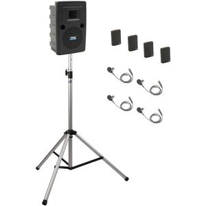 Anchor Audio Liberty System 4 con cuatro beltpacks, cuatro micrófonos de solapa y soporte