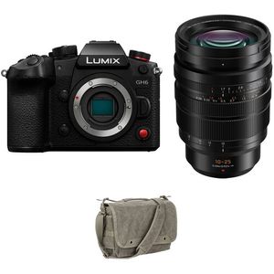 Cámara sin espejo Panasonic Lumix GH6 con lente de 10-25 mm y kit de bolsa