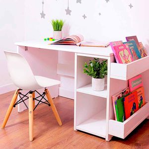 Escritorio + Silla Blanca Montessori Wonder Wood Muebleria con 2 compartiemientos y 2 portacuentos