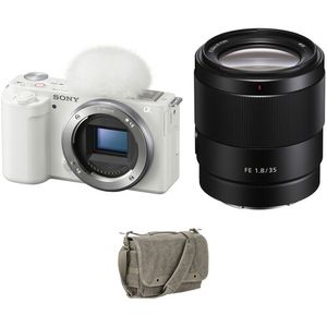 Cámara sin espejo Sony ZV-E10 con lente de 35 mm f/1.8 y kit de bolsa (blanco)