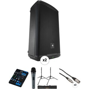 JBL Dual EON715 Kit de altavoces autoamplificados con mezclador, micrófono, soportes, bolsa y cables
