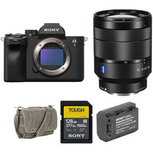 Cámara sin espejo Sony A7 IV con kit de lentes y accesorios de 24-70 mm f/4 (tarjeta de 128 GB, b