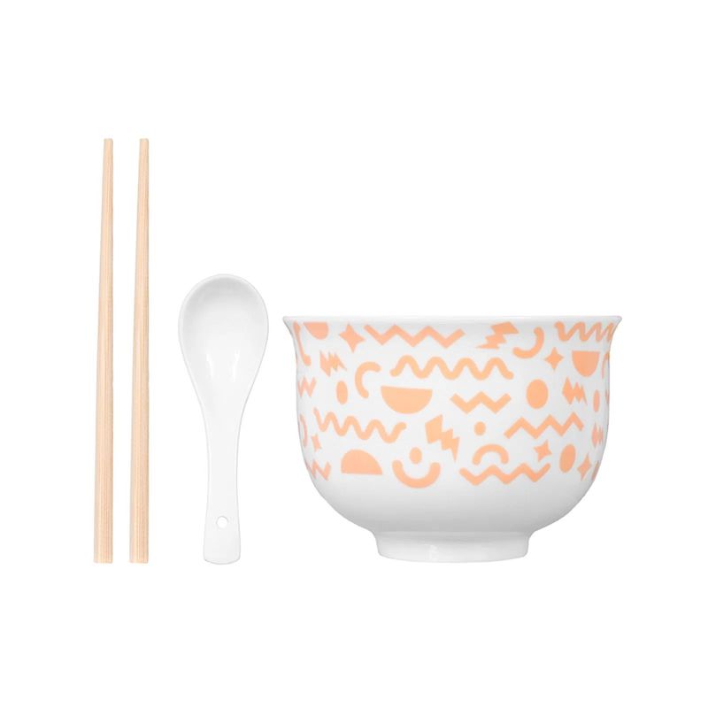 Tazón para noodle estilo japones con cuchara y palillos rosa 450 ml
