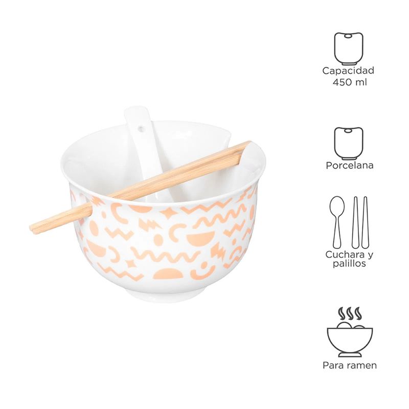 Tazón para noodle estilo japones con cuchara y palillos rosa 450 ml