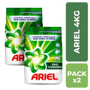Pack Detergente en Polvo ARIEL Perlas Limpiadoras Bolsa 4Kg Paquete 2un