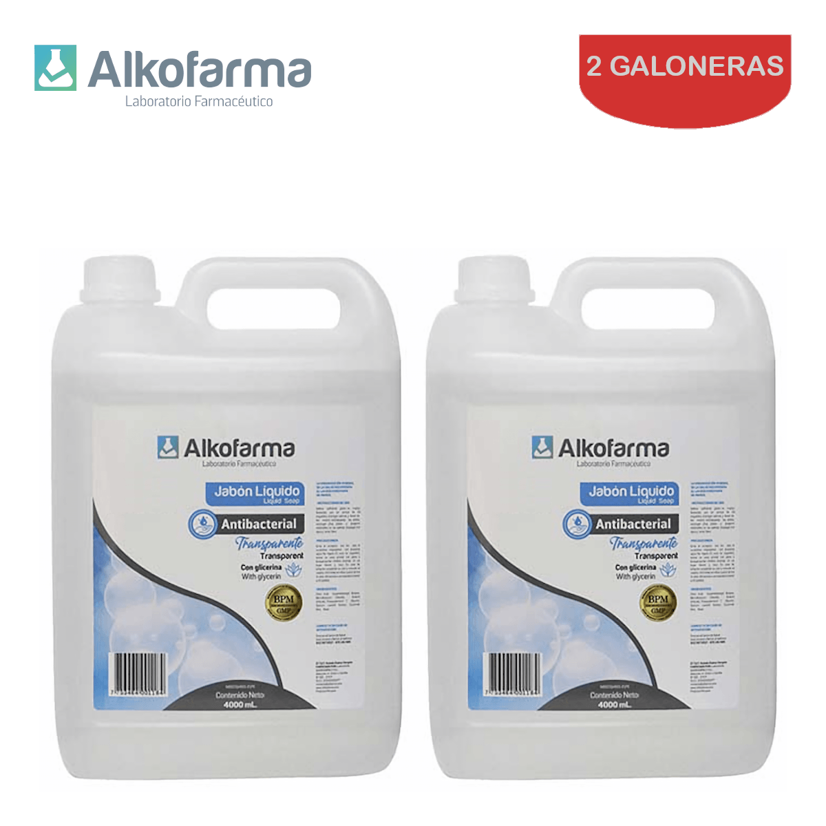 Jabón Líquido Antibacterial Alkofarma Galón 4 Litros Neutro Pack 2 Galoneras Real Plaza 8202