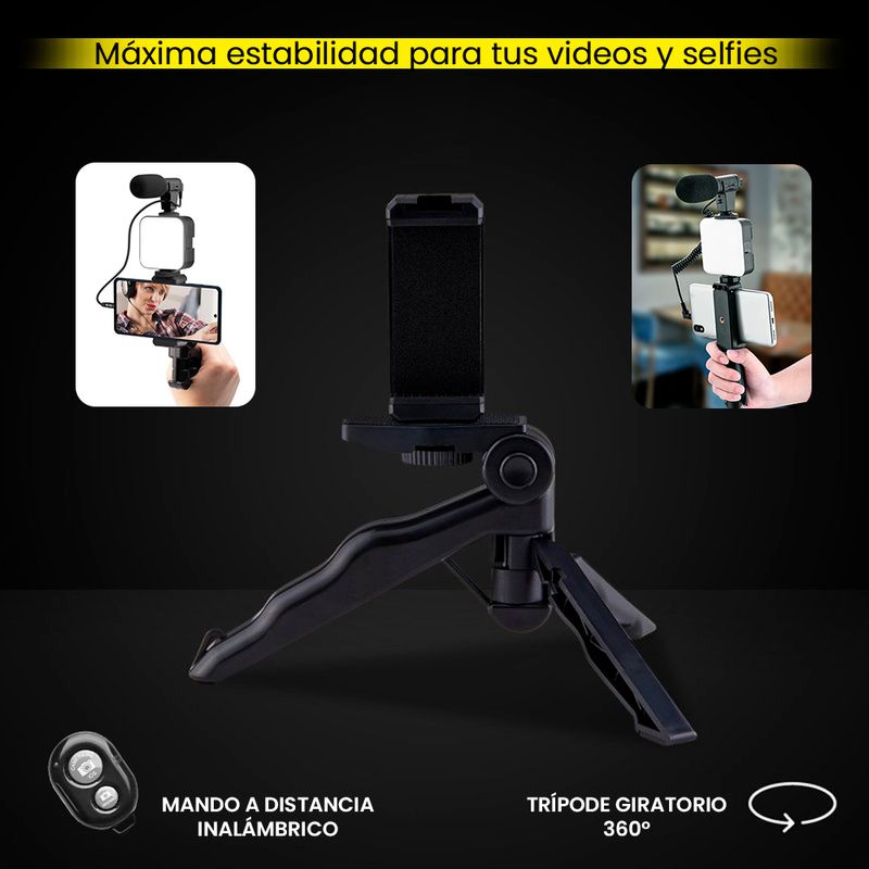 Kit Streaming tripode + microfono + luz led + soporte p/camara/smartphone  -black -Netmak (NM-STREAM)