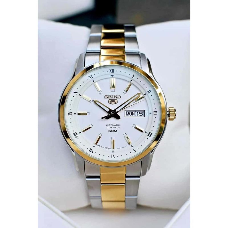 Reloj Seiko 5 SNKP14 Automatico Para Hombre Fecha Acero Inoxidable Plateado Dorado Real Plaza