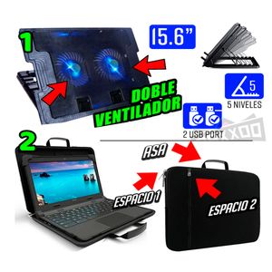 Kit Cooler doble Led p Laptop Usb 15.6 + Funda para Laptop Maletin