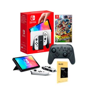 Consola Nintendo Switch Oled Blanco + Mario Strikers + Pro Controller + Mica