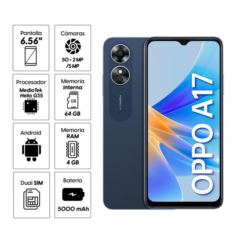 Oppo A17 Smartphone, 64GB y 4GB - Azul