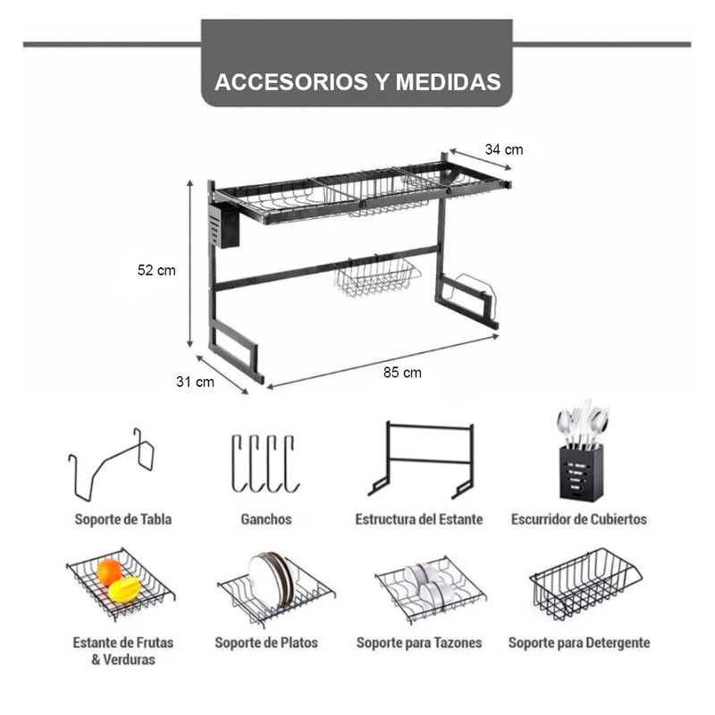 Escurridor de Platos Organizador para Cocina con Portacucharones Premium  65cm