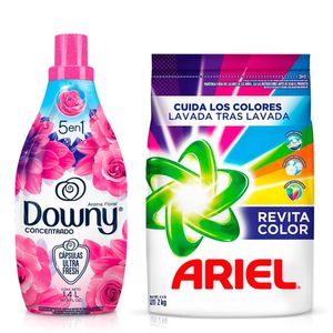 Pack Suavizante de Telas DOWNY Floral Concentrado Botella 1.4L + Detergente en Polvo ARIEL Revitacolor para Ropa de Color Bolsa 2Kg