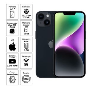 iPhone 14 128GB, 6GB ram, cámara principal 12MP + 12MP, frontal 12MP, 6.1", color negro