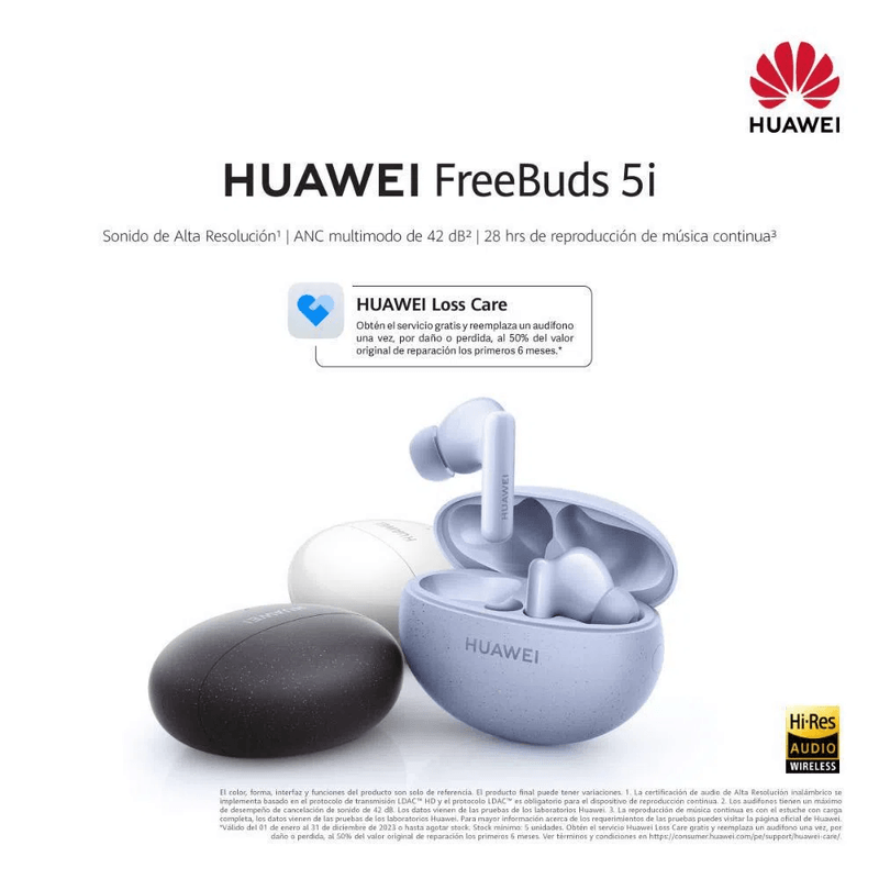 Audífonos Inalámbricos HUAWEI FreeBuds 5i Negro Hi-Res + Loss Care