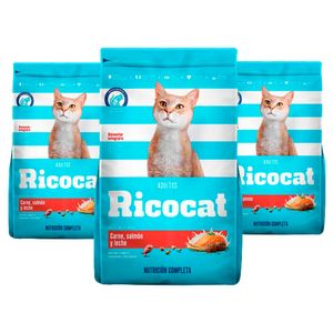 Comida para Gato Ricocat para Adulto Carne, Salmón y Leche 500g x3
