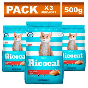 Comida para Gato Ricocat para Adulto Carne, Salmón y Leche 500g x3