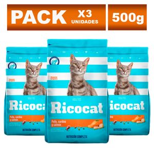 Comida para Gatos Ricocat Adulto de Pollo Sardina y Salmón 500g x3