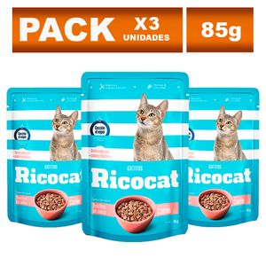 Comida Enlatada para Gatos Ricocat Adultos de Trocitos Salsa Carne 85g x3