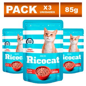 Comida Enlatada para Gatos Ricocat Adultos de Trocitos de Salsa Salmón 85g x3